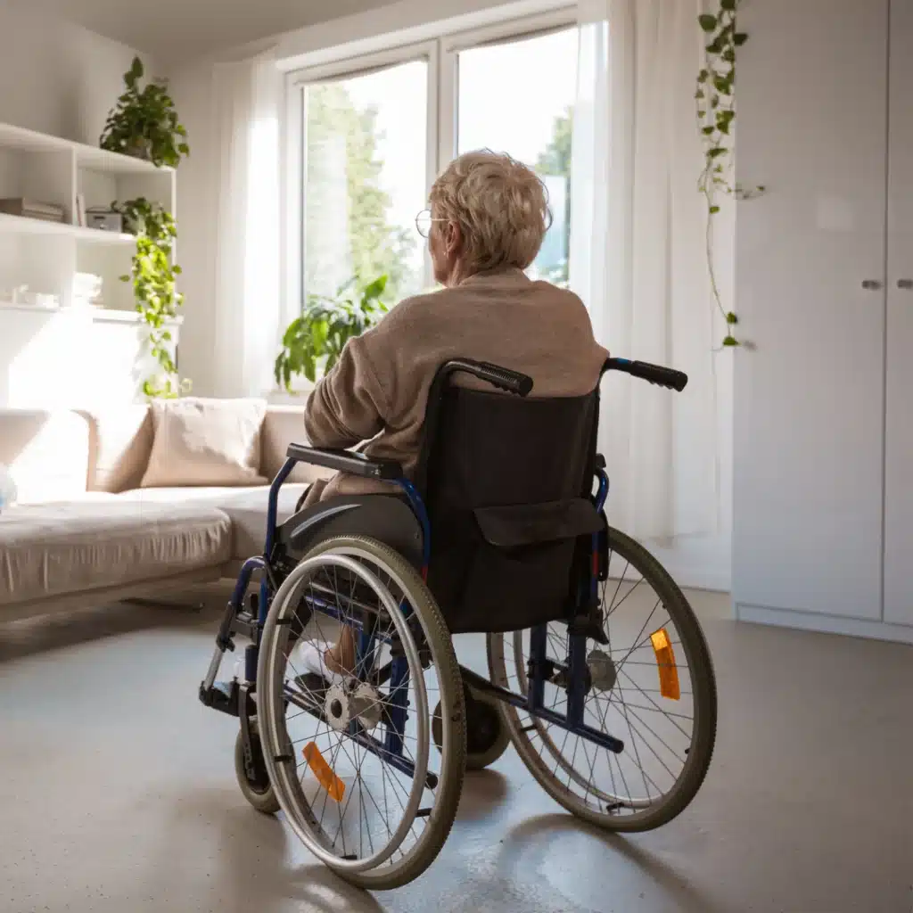 Seniorin im Rollstuhl im Wohnzimmer blickt auf die Couch